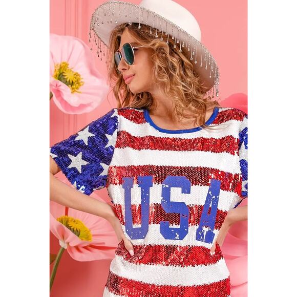BiBi American Flag Theme USA Print Colorful Sparkly Sequin Crew Neck Mini Dress - Picture 14 of 14